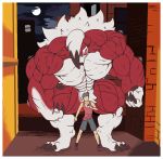  4_fingers abs anthro anthrofied biceps canine claws clothing duo flexing footwear front_view fur human hyper hyper_muscles larger_anthro larger_male looking_at_viewer lycanroc male mammal midnight_lycanroc muscular muscular_male nintendo pants pecs pok&eacute;ball pok&eacute;mon pok&eacute;mon_(species) pok&eacute;morph pose quads red_eyes red_fur schwartzgeist shirt shoes size_difference smaller_human smaller_male smile standing triceps video_games white_fur 