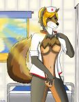  2019 anthro beach bed blonde_hair breasts canid canine canis clothed clothing digital_media_(artwork) doctor female fluffy fluffy_tail fur guffs hair invalid_tag looking_at_viewer mammal nipples nude pussy sea seaside sky smile solo sun water white_fur wolf 