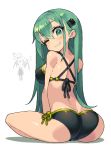  ;) ass bare_shoulders bikini black_bikini breasts clenched_teeth green_eyes green_hair hair_ornament hairclip highres itsumo_nokoru kantai_collection large_breasts long_hair looking_at_viewer looking_back multiple_girls one_eye_closed side-tie_bikini simple_background sitting smile suzuya_(kantai_collection) swimsuit teeth white_background zuikaku_(kantai_collection) 