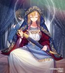  1girl barefoot brown_hair closed_eyes copyright_name curtains dress facing_viewer hair_between_eyes hand_up indoors interitio jewelry long_hair necklace on_bed sheath sheathed sid_story sitting sword watermark weapon white_dress window 