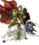  aqua_eyes armor axe battle_axe boots brown_footwear cape commentary cosplay ephraim fado_(fire_emblem) fado_(fire_emblem)_(cosplay) fire_emblem fire_emblem:_seima_no_kouseki fire_emblem_heroes full_armor full_body green_armor green_hair highres holding holding_axe holding_shield loincloth male_focus official_art pants red_cape robe serious shield short_hair shoulder_armor solo transparent_background undershirt wada_sachiko weapon white_robe 