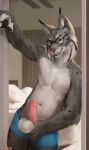  2018 anthro ball_grab balls bed boxer_briefs chunie clothed clothing digital_media_(artwork) erection eyewear feline fur glasses grey_fur grin hi_res humanoid_penis inside leaning looking_at_viewer lynx male mammal navel partially_clothed partially_retracted_foreskin penis penis_grab smile solo standing synx_the_lynx topless uncut underwear white_fur 