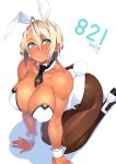  2018 23_(real_xxiii) ahoge all_fours animal_ears bare_shoulders black_legwear black_neckwear blonde_hair blue_eyes blush breasts bunny_ears bunny_girl bunny_tail bunnysuit cleavage collarbone commentary_request covered_nipples dark-skinned_girl_(23) dark_skin dated detached_collar eyebrows_visible_through_hair eyes_visible_through_hair fake_animal_ears hair_between_eyes highres huge_breasts leotard looking_at_viewer muscle original pantyhose parted_lips short_hair simple_background solo strapless strapless_leotard tail tan white_background white_leotard wrist_cuffs 