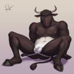  anthro anus bovine bulge cattle clothing horn jockstrap looking_at_viewer male mammal mostly_nude muscular muscular_male pecs rov solo spread_legs spreading underwear 