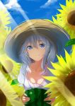  blue_eyes blue_sky blush breasts closed_mouth cloud commentary day dress eyebrows_visible_through_hair flower food fruit grey_hair hair_between_eyes hat highres inushi kantai_collection kashima_(kantai_collection) long_hair looking_at_viewer medium_breasts outdoors sky smile solo straw_hat sunflower sunlight watermelon 