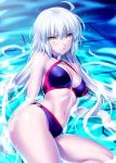  ahoge bare_shoulders bikini black_bikini breasts cleavage cowboy_shot fate/grand_order fate_(series) jeanne_d'arc_(alter_swimsuit_berserker) jeanne_d'arc_(fate)_(all) large_breasts long_hair looking_at_viewer navel parted_lips partially_submerged silver_hair sitting smile solo swimsuit water yellow_eyes yokozuwari zen 