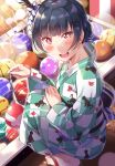  1girl :d animal_print bangs black_feathers blue_hair blush cat_print checkered checkered_kimono commentary_request eyebrows_visible_through_hair fang feathers hair_feathers hair_up holding japanese_clothes kimono looking_at_viewer love_live! love_live!_sunshine!! open_mouth purple_eyes sandals smile solo squatting tipii tsushima_yoshiko water_balloon yukata 