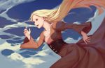  :d bigrbear blonde_hair blue_sky brown_dress cloud cloudy_sky cross dress floating_hair from_side highres leilia_(sayoasa) long_hair long_sleeves open_mouth red_eyes running sayonara_no_asa_ni_yakusoku_no_hana_wo_kazarou sky smile solo very_long_hair wide_sleeves 