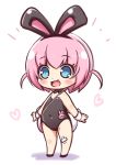  :d animal_ears bangs bare_shoulders black_footwear black_leotard black_neckwear blue_eyes blush bow bowtie bunny_ears bunny_girl bunny_tail bunnysuit check_translation chibi commentary covered_navel crossed_bandaids eyebrows_visible_through_hair full_body hair_between_eyes heart kuwada_yuuki leotard name_tag open_mouth original pink_hair smile solo standing strapless strapless_leotard tail translation_request white_background wrist_cuffs 