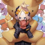  abigail_williams_(fate/grand_order) bangs black_bow black_jacket blonde_hair blue_eyes bow commentary_request covered_mouth crossed_bandaids fate/grand_order fate_(series) hair_bow hair_bun heroic_spirit_traveling_outfit jacket long_hair long_sleeves looking_away looking_to_the_side nyantyubosi object_hug orange_bow oversized_object parted_bangs polka_dot polka_dot_bow simple_background sleeves_past_fingers sleeves_past_wrists solo stuffed_animal stuffed_toy teddy_bear white_background 