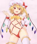  :d alternate_costume ascot ass_visible_through_thighs bangs bare_shoulders blonde_hair blush breasts cameltoe choker collarbone commentary_request cowboy_shot crystal detached_sleeves fangs flandre_scarlet frilled_legwear frilled_sleeves frills groin hair_between_eyes hand_on_hip hand_up hat highleg highleg_leotard highres leotard looking_at_viewer miyo_(ranthath) mob_cap navel o-ring o-ring_leotard one_side_up open_mouth pink_background red_choker red_eyes red_leotard revealing_clothes ribbon short_hair simple_background small_breasts smile solo standing stomach thigh_ribbon thighhighs thighs touhou white_hat white_legwear wings wrestling_outfit wrist_cuffs yellow_neckwear yellow_ribbon 