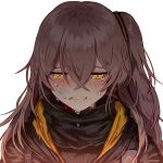  bangs blush brown_hair bruise crossed_bangs crying crying_with_eyes_open damaged girls_frontline hair_between_eyes hair_ribbon hood hood_down hooded_jacket injury jacket looking_down parted_lips ponytail ribbon sad scarf sidelocks silence_girl simple_background solo tears torn_clothes torn_jacket ump45_(girls_frontline) white_background yellow_eyes 