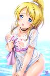  ayase_eli blonde_hair blue_eyes bottomless breasts commentary_request covered_nipples covering covering_crotch hair_ribbon happy_maker! kamogawa_tanuki large_breasts long_hair looking_at_viewer love_live! love_live!_school_idol_project naked_shirt no_bra one_side_up ponytail ribbon scrunchie see-through shiny shiny_hair shiny_skin shirt shirt_tug solo t-shirt wet wet_clothes wet_shirt wet_t-shirt white_scrunchie 
