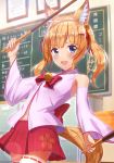  :d animal_ear_fluff animal_ears arm_up bangs bare_shoulders bell blue_eyes blurry blurry_background blush brown_hair classroom commentary_request depth_of_field detached_sleeves dual_wielding eyebrows_visible_through_hair fingernails food fox_ears fox_girl fox_tail hair_bell hair_ornament hair_ribbon hairclip highres holding holding_food indoors jingle_bell kemomimi_oukoku_kokuei_housou long_hair long_sleeves looking_at_viewer mikoko_(kemomimi_oukoku_kokuei_housou) mikomiko_(mikomikosu) open_mouth oversized_object pleated_skirt pocky red_ribbon red_skirt ribbon ribbon-trimmed_legwear ribbon_trim round_teeth school skirt smile solo tail teeth thighhighs twintails upper_teeth virtual_youtuber white_legwear wide_sleeves 