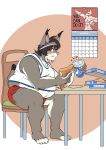  2018 anthro belly belly_overhang beverage calendar clothed clothing digital_media_(artwork) dipstick_tail eating english_text feline food hair headband inside love_handles lynx male mammal mangolynx moobs multicolored_tail overweight overweight_male pizza shirt shorts soda solo tank_top text weight_gain 