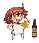  1girl ahoge alcohol beer blush blush_stickers bottle chibi cup drink drinking drooling english_text fate/grand_order fate_(series) female fujimaru_ritsuka_(female) full_body hair_tie hand_on_hip hand_up hassan_of_serenity_(fate) holding japanese_text jpeg_artifacts mug naked_towel orange_eyes red_hair riyo_(lyomsnpmp)_(style) shiny shiny_hair short_hair side_ponytail simple_background solo standing tied_hair towel translation_request umagoya_mochi white_background 