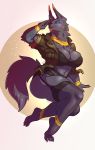  anthro big_breasts black_nose blue_eyes breasts canine clothed clothing dipstick_ears female fur grey_fur hi_res jackal jacket legwear lingerie mammal markings rube salute solo stockings teth&#039;ra_magual wide_hips yellow_markings 