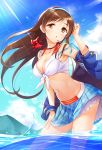  :o arm_up armpits bare_shoulders blue_jacket blue_skirt blue_sky blush bow bowtie breasts brown_eyes brown_hair chiro_(norishiro_michiro) cleavage cloud collarbone commentary_request contrapposto cowboy_shot day floating_hair front-tie_bikini front-tie_top hairband hand_on_own_head hand_on_own_thigh head_tilt headset highres idolmaster idolmaster_cinderella_girls jacket leaning_forward light_rays long_hair long_sleeves looking_at_viewer loose_bowtie medium_breasts mountainous_horizon navel nitta_minami open_clothes open_jacket open_mouth outdoors plaid plaid_skirt print_skirt red_bow red_neckwear shiny shiny_hair skirt sky solo sunbeam sunlight thighs two-tone_hairband wading water white_bikini_top wind 