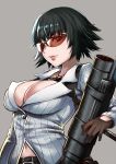  belt black_hair breasts cleavage devil_may_cry devil_may_cry_4 gloves highres holding holding_weapon kaorihero lady_(devil_may_cry) large_breasts lips navel rocket_launcher short_hair solo sunglasses upper_body weapon 