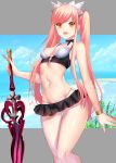  bare_shoulders beach bikini black_neckwear blush bracelet breasts choker cleavage cloud cowboy_shot day fate/grand_order fate_(series) highres holding holding_sword holding_weapon jewelry letterboxed lips lipstick long_hair looking_at_viewer makeup medb_(fate)_(all) medb_(swimsuit_saber)_(fate) navel orange_eyes parted_lips pink_hair pink_lipstick rahato sky smile solo standing swimsuit sword thigh_gap tiara twintails water weapon white_bikini 