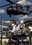  2girls aircraft animal_ears assault_rifle atlanta_(warship_girls_r) blue_hair bow bowtie brown_eyes building cat_ears city cloud commentary gloves gun hair_tie handgun headset helicopter highres holster juneau_(warship_girls_r) kemonomimi_mode knee_pads load_bearing_vest long_hair looking_at_viewer looking_back medium_hair military multiple_girls pistol pleated_skirt ponytail power_lines red_eyes red_hair rifle school_uniform shielldsiri skirt sky sleeves_rolled_up smile thigh_holster thighhighs traffic_light trigger_discipline uh-60_blackhawk warship_girls_r weapon weapon_request zettai_ryouiki 