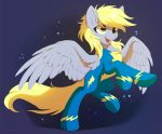  2018 blonde_hair bodysuit clothed clothing derpy_hooves_(mlp) digital_media_(artwork) equine feathered_wings feathers female feral friendship_is_magic grey_feathers hair hioshiru mammal my_little_pony open_mouth open_smile pegasus skinsuit smile solo tight_clothing wings yellow_eyes 