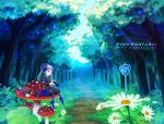  blue_eyes blush copyright_name day espiral_bonita grey_hair long_hair looking_away mushroom necktie original outdoors parted_lips pixiv_fantasia pixiv_fantasia_t red_neckwear scenery sitting smile snail solo tree twintails 