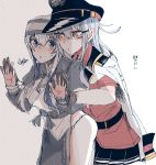  ainu_clothes belt black_skirt blue_eyes blush breasts eyebrows_visible_through_hair facial_scar gangut_(kantai_collection) gloves grey_hair hair_between_eyes hat headband itomugi-kun jacket_on_shoulders kamoi_(kantai_collection) kantai_collection large_breasts long_hair long_sleeves looking_at_another looking_at_viewer military military_hat military_jacket military_uniform miniskirt multiple_girls naval_uniform open_mouth peaked_cap red_eyes red_shirt scar scar_on_cheek shirt skirt uniform white_hair yuri 