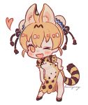  &gt;_o adapted_costume alternate_hairstyle animal_ears blonde_hair blush chibi china_dress chinese_clothes commentary double_bun dress eyebrows_visible_through_hair fang hand_on_hip heart hn_(artist) kemono_friends multicolored_hair one_eye_closed puffy_short_sleeves puffy_sleeves serval_(kemono_friends) serval_ears serval_print serval_tail short_hair short_sleeves solo tail yellow_eyes 