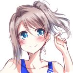  alternate_hairstyle arm_up bare_shoulders blue_eyes blush eyebrows_visible_through_hair grey_hair hand_in_hair highres love_live! love_live!_sunshine!! portrait short_hair side_ponytail smile solo swimsuit watanabe_you white_background zero-theme 