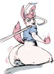  2018 anonymous_artist anthro anus bedroom_eyes big_butt blue_eyes bottomless butt clothed clothing digital_media_(artwork) duo eeveelution eyelashes faceless_male female female_focus hair half-closed_eyes hi_res hot_dogging human looking_back male male/female mammal navel nintendo open_mouth pink_hair pok&eacute;mon pok&eacute;mon_(species) pussy seductive shirt simple_background sylveon teeth video_games white_background 