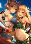  anne_(shingeki_no_bahamut) bangs bare_shoulders bikini blue_bikini blue_sky blunt_bangs blush breasts cleavage collarbone commentary_request day dragon_horns dragon_tail dragon_wings eyebrows_visible_through_hair frilled_bikini frills granblue_fantasy grea_(shingeki_no_bahamut) green_bikini green_eyes hair_between_eyes highres horns large_breasts lips long_hair looking_at_viewer medium_breasts miniskirt multiple_girls navel open_mouth outdoors plaid plaid_bikini pointy_ears purple_hair red_eyes rerrere shingeki_no_bahamut short_hair skirt sky standing stomach swimsuit tail thighs wet wings 