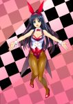  animal_ears bow bowtie breasts bunny_ears bunny_girl bunny_tail bunnysuit checkered checkered_background cleavage commentary_request detached_collar double-breasted full_body highleg highleg_leotard highres kamia_(not_found) knees_together_feet_apart leotard long_hair looking_at_viewer medium_breasts open_mouth orange_legwear original outstretched_arms pantyhose red_leotard red_neckwear side-tie_leotard smile solo strapless strapless_leotard tail thigh_gap vest white_vest wing_collar wrist_cuffs 