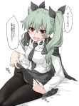  alternate_legwear anchovy anzio_school_uniform bangs black_cape black_legwear black_neckwear black_ribbon black_skirt blush cape commentary dress_shirt drill_hair elf_(stroll_in_the_woods) frown girls_und_panzer green_hair hair_ribbon highres lifted_by_self long_hair long_sleeves looking_at_viewer necktie open_mouth pantyhose red_eyes ribbon school_uniform shirt sitting skirt skirt_lift solo sweatdrop tearing_up translation_request twin_drills twintails white_shirt 