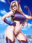  1girl absurdres artist_name blonde_hair blurry bodysuit boku_no_hero_academia boots breasts building city closed_mouth clouds cowboy_shot dandon_fuga depth_of_field domino_mask giantess gloves groin hand_on_hip highres hips horns large_breasts legs lips lipstick long_hair looking_at_viewer makeup mask mount_lady outdoors purple_gloves red_eyes red_lips sidelocks skin_tight sky smile solo standing superhero thigh_boots thighhighs thighs 