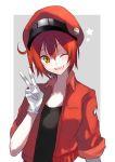  ;d ae-3803 ahoge black_shirt breasts cabbie_hat collarbone gloves hair_between_eyes hat hataraku_saibou jacket kayanogura looking_at_viewer name_tag one_eye_closed open_mouth red_blood_cell_(hataraku_saibou) red_hair red_jacket shirt short_hair short_sleeves small_breasts smile solo t-shirt upper_body v white_gloves 