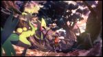  garchomp gen_1_pokemon gen_3_pokemon gen_4_pokemon gen_7_pokemon hakamo-o highres hitmonlee karamimame nature no_humans outdoors pokemon pokemon_(creature) pokemon_(game) pokemon_battle pokemon_sm sceptile tree 