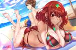  ass bare_shoulders beach beach_towel beach_umbrella between_breasts bikini blue_sky breasts brown_hair butt_crack cleavage commentary_request day hand_on_own_face highres homura_(xenoblade_2) large_breasts looking_at_viewer lying md5_mismatch nez-kun ocean on_stomach outdoors red_hair rex_(xenoblade_2) short_hair sky smile spiked_hair swimsuit the_pose tiara towel umbrella water xenoblade_(series) xenoblade_2 
