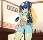  1girl apron apron_lift blue_skin bottomless breasts eyebrows_visible_through_hair fish_girl minette_(skullgirls) monster_girl naked_apron nisetanaka purple_eyes pussy restaurant shell short_hair skullgirls small_breasts smile thighhighs uncensored wide_hips yellow_sclera 