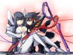  black_hair blue_eyes breasts cleavage commentary_request impossible_clothes junketsu kill_la_kill kiryuuin_satsuki large_breasts long_hair looking_at_viewer matoi_ryuuko mero_(starfish_jcs) multicolored_hair multiple_girls red_string revealing_clothes scissor_blade senketsu short_hair sitting smile spiked_hair string two-tone_hair very_long_hair 