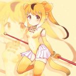  animal_ears bangs bare_shoulders blonde_hair bracelet breasts brown_eyes covered_navel elbow_gloves extra_ears eyebrows_visible_through_hair gloves golden_snub-nosed_monkey_(kemono_friends) gradient_hair high_ponytail highleg highleg_leotard highres holding holding_staff jewelry kemono_friends leotard long_hair monkey_ears monkey_tail mugi_(user_khzh5853) multicolored_hair silhouette small_breasts solo staff tail thighhighs white_hair yellow_legwear zoom_layer 