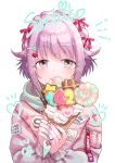  absurdres braid brown_eyes commentary_request crepe food hair_flaps hair_ornament hair_ribbon hairclip highres hood hooded_jacket ice_cream ice_cream_cone idolmaster idolmaster_cinderella_girls jacket jewelry koshimizu_sachiko lavender_hair looking_at_viewer madarame_(mdrm89) multicolored multicolored_nails nail_art nail_polish pastel_colors patch ribbon ring short_hair snack solo upper_body waffle_cone white_background 