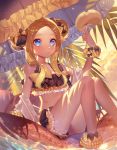  abigail_williams_(fate/grand_order) ankle_scrunchie bangs bare_shoulders bikini bikini_skirt black_bow blonde_hair blue_eyes blush bow closed_mouth cloud collarbone double_bun emerald_float fate/grand_order fate_(series) food forehead fork frilled_bikini frills hair_bow hand_up innertube joenny lips long_hair looking_at_viewer orange_bow outdoors pancake parted_bangs polka_dot polka_dot_bow scrunchie sidelocks sitting soaking_feet solo swimsuit water wet wet_hair wrist_scrunchie 