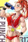  abs blue_eyes bottle breasts captain_mizuki earrings hand_on_hip high_ponytail highres jewelry looking_at_viewer medium_breasts midriff mr.lime muscle muscular_female one-punch_man one_eye_closed ponytail red_hair short_shorts shorts solo sports_bra sweat track_and_field track_uniform water_bottle wristband 