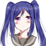  alternate_hairstyle bangs blue_hair blush eyebrows_visible_through_hair highres long_hair looking_at_viewer love_live! love_live!_sunshine!! matsuura_kanan portrait purple_eyes school_uniform serafuku sidelocks sketch solo twintails unamused uranohoshi_school_uniform white_background zero-theme 