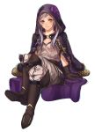  boots brown_gloves closed_mouth commentary crossed_legs female_my_unit_(fire_emblem:_kakusei) fire_emblem fire_emblem:_kakusei gloves highres hood hood_up kamu_(kamuuei) knee_boots my_unit_(fire_emblem:_kakusei) robe simple_background sitting smile solo white_background white_hair yellow_eyes 
