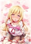 akkijin blonde_hair blush box candy food heart holding holding_candy looking_at_viewer mouth_hold official_art pink_eyes pocky red_ribbon ribbon seiza shinkai_no_valkyrie sitting thighhighs 