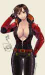  1girl belt blush breasts brown_eyes brown_hair cleavage cosplay fingerless_gloves gloves grin jacket kazama_asuka kazama_jin kazama_jin_(cosplay) large_breasts leather leather_pants looking_at_viewer no_bra open_clothes open_jacket pants short_hair smile tagme tekken translation_request 
