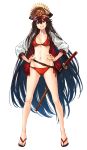  ass_visible_through_thighs bangs bikini black_hair black_hat breasts brown_eyes collarbone fate/grand_order fate_(series) full_body hair_between_eyes hat highres jacket katana long_hair long_sleeves looking_at_viewer makimura_shunsuke military_hat oda_nobunaga_(fate) oda_nobunaga_(swimsuit_berserker)_(fate) open_clothes open_jacket open_mouth peaked_cap red_bikini red_eyes sandals smile solo standing swimsuit sword very_long_hair weapon white_background 