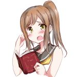  arm_up bangs blush book brown_hair eyebrows_visible_through_hair highres kunikida_hanamaru love_live! love_live!_sunshine!! open_mouth ponytail portrait school_uniform uranohoshi_school_uniform white_background yellow_eyes zero-theme 